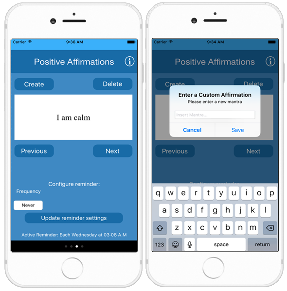 The Positive Affirmations feature screen